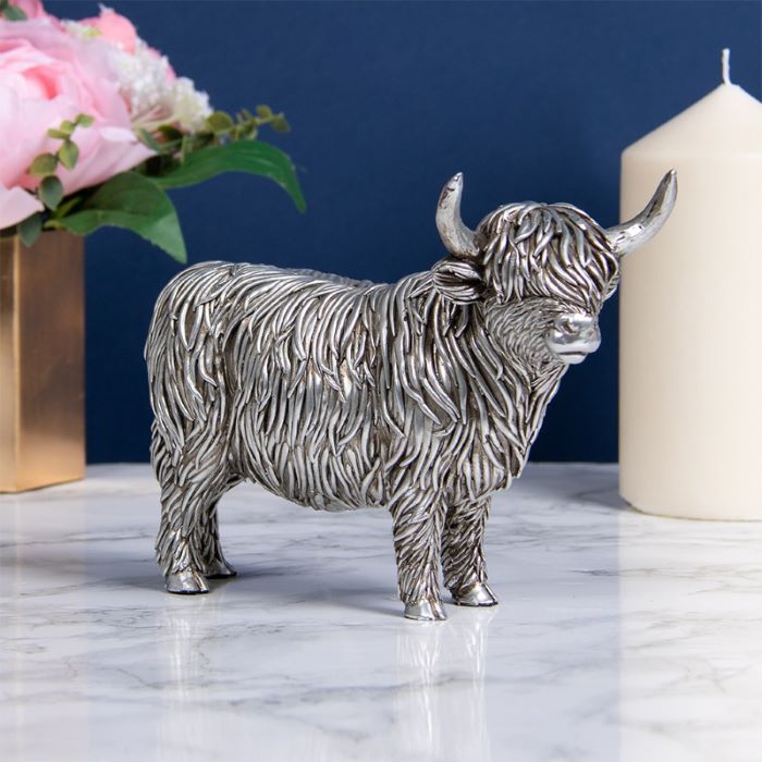 Highland Cow Ornament, Silver Coloured Highland Cow - 14x19cm