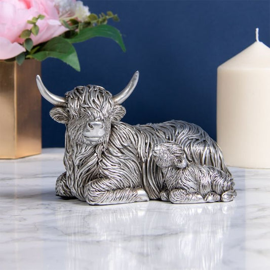 Resting Highland Cow With Calf Ornament, Silver Coloured Laying Highland Cow - 11cm