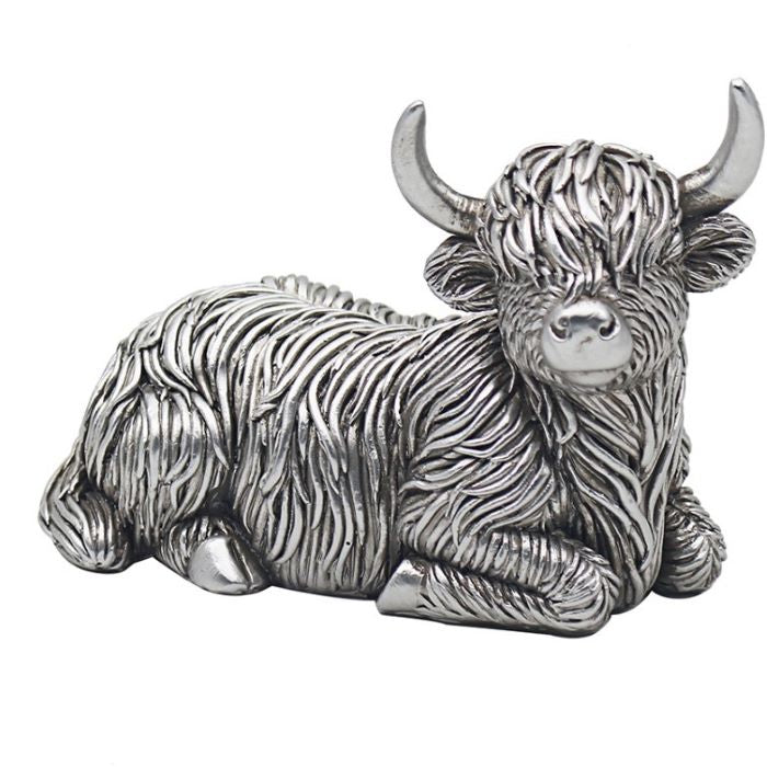 Laying Highland Cow Ornament, Silver Coloured Highland Cow - 12.5cm