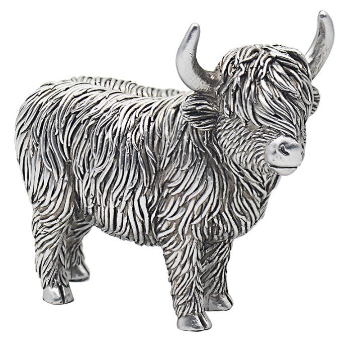 Highland Cow Ornament, Silver Coloured Highland Cow - 12.5cm