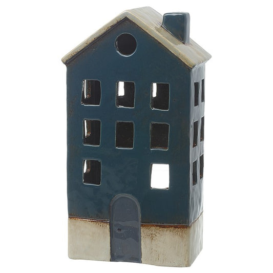 Tall Dark Blue House Ceramic Tealight Holder - 23cm