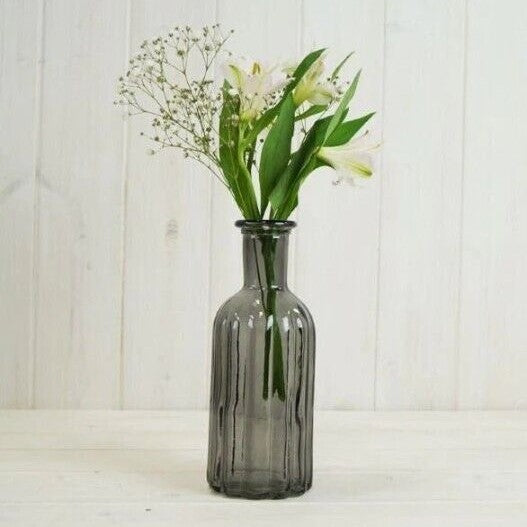 Tall Smokey Grey Ribbed Glass Bottle Vase 19cm
