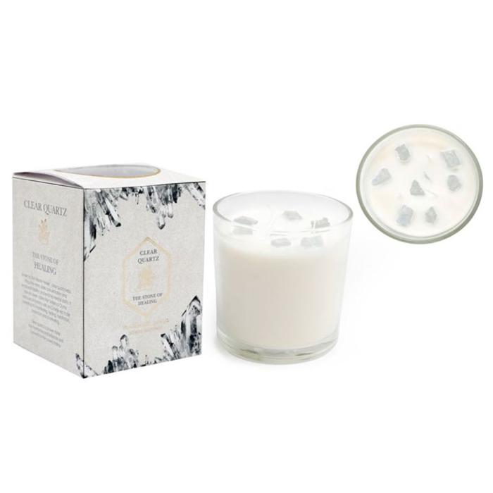 Fresh Linen Scented Candle with Clear Quartz Crystals - 12cm