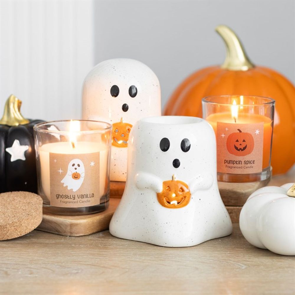 Ghost Shaped Tealight Candle Holder with Pumpkin - 11cm