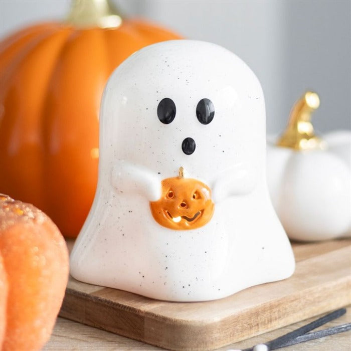 Ghost Shaped Tealight Candle Holder with Pumpkin - 11cm