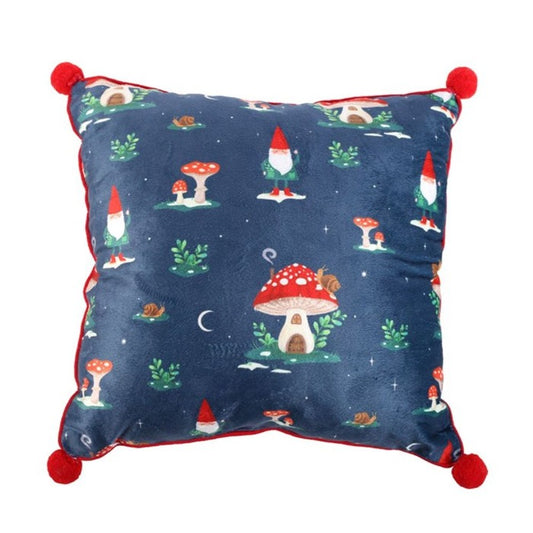 Square Gnome Forest Print Cushion with Pom Poms 35cm