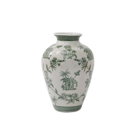 Vintage Style White and Green Ceramic Willow Vase - 30cm