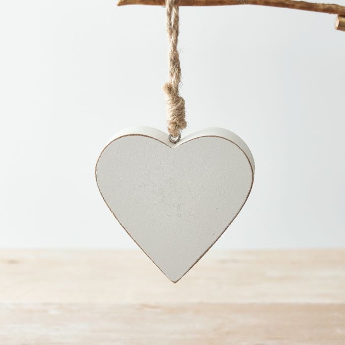 White Chunky Country Wooden Hanging Heart Decoration 10cm