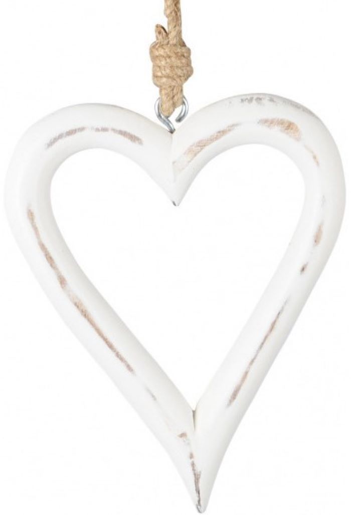 White Country Wooden Hanging Heart Decoration 16cm