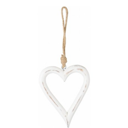 White Country Wooden Hanging Heart Decoration 16cm