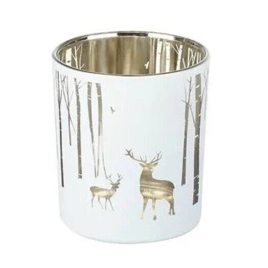 Woodland Stags Glass Tealight Candle Holder - White/Silver