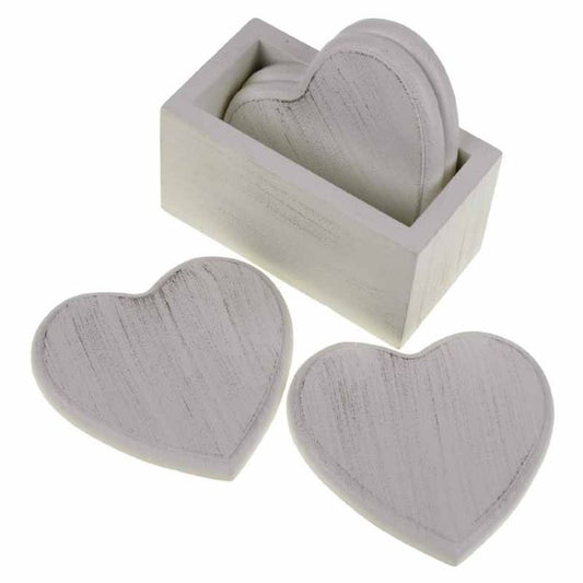 White Washed Wooden Heart Coaster Set of 4