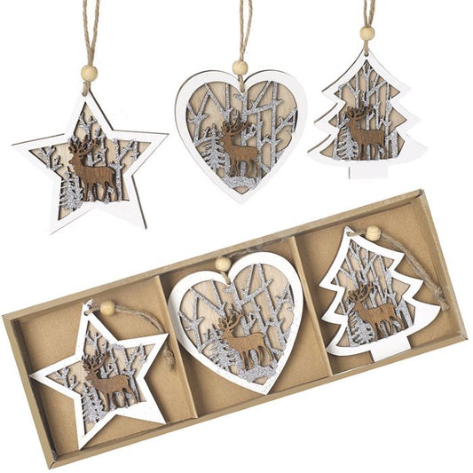 Wooden Tree/Heart/Star Christmas Hanging Decorations, Grey Scenic Decor Set of 3