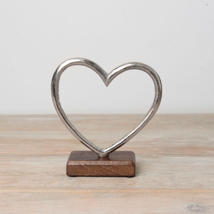 Metal Heart Ornament on Wooden Base 15 x 17cm