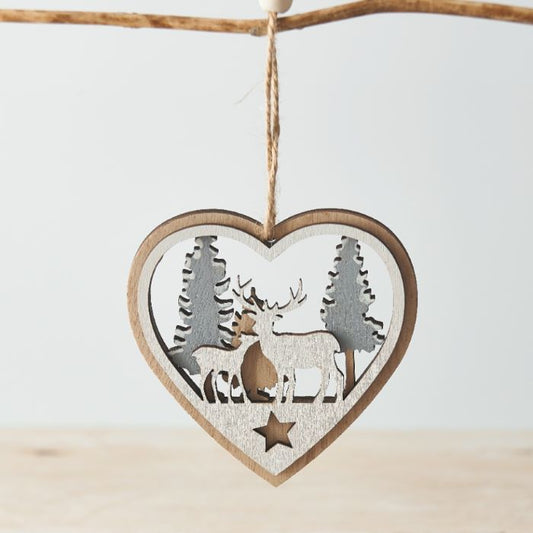 Wooden Reindeer Scenic Christmas Hanging Heart 9cm